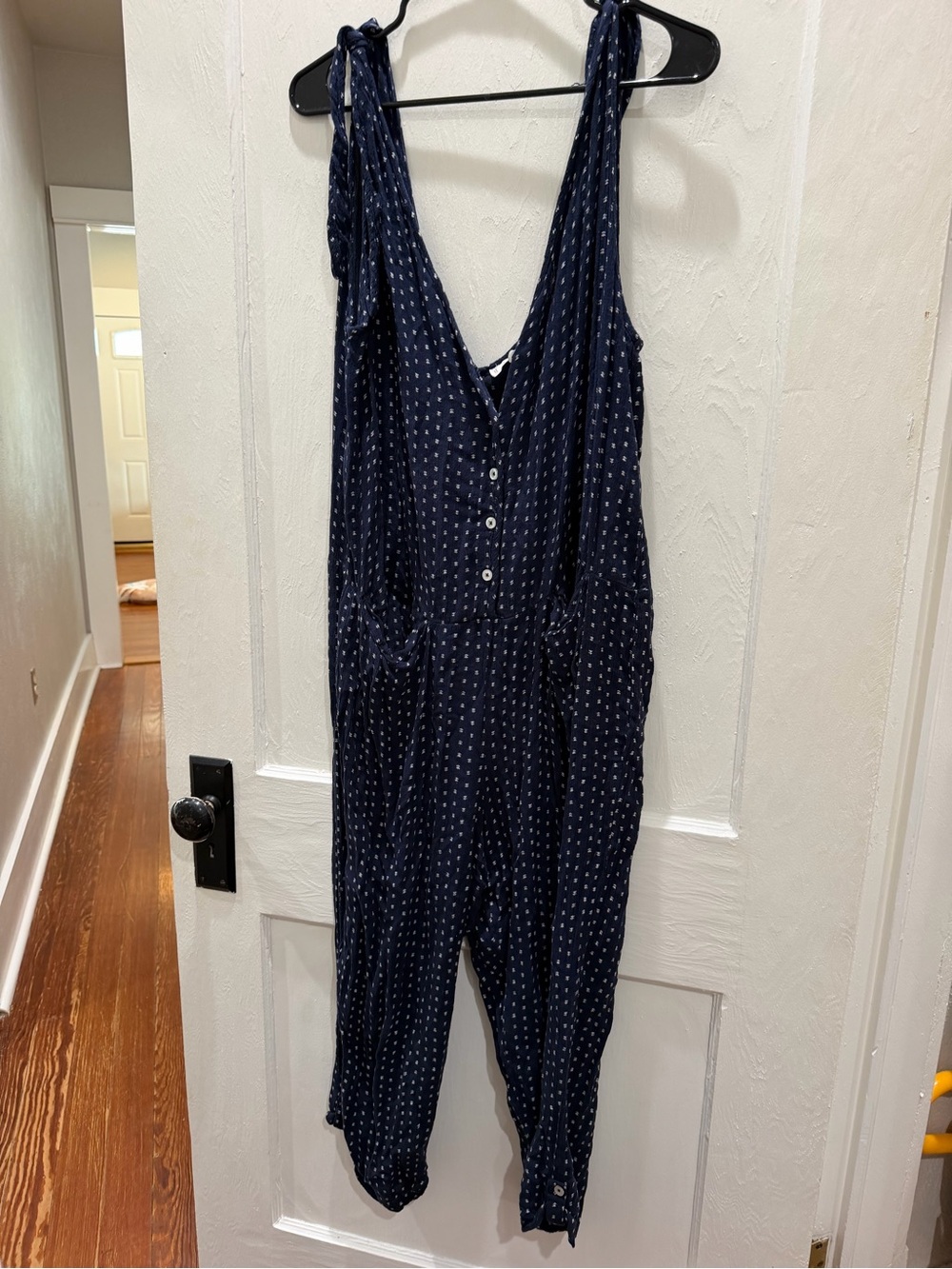 Tie-Shoulder Navy Polka-Dot Jumpsuit